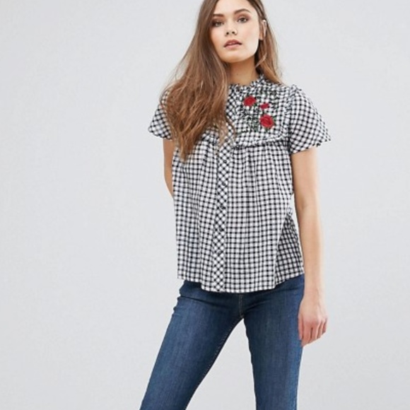 New Look Tops - New Look | Gingham Embroidered Rose Blouse